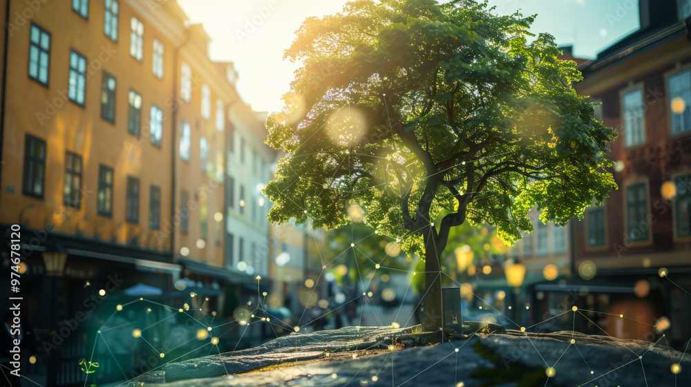 Naklejka premium A giant tree with digital roots spreading into the metropolis. Concept of technology, modernity.