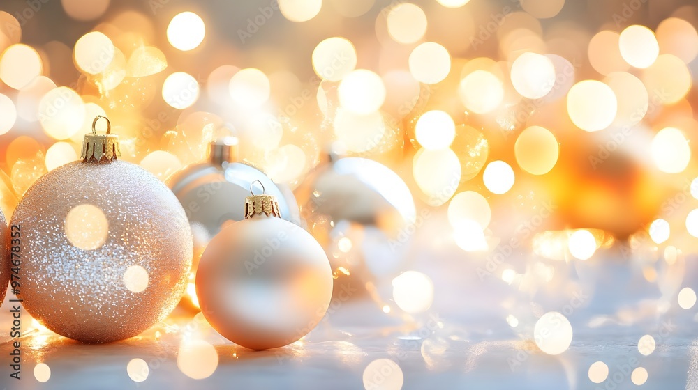 Golden Christmas Ornaments with Festive Lights Bokeh Golden Christmas Ornaments with Festive Lights Bokeh