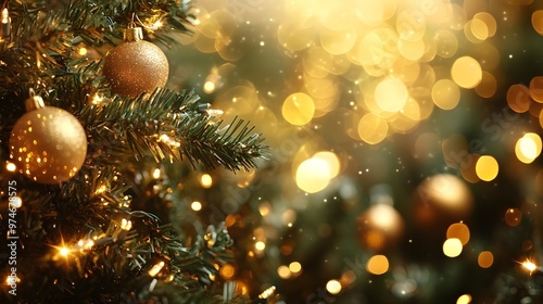 Golden Christmas Tree Ornaments & Lights Bokeh