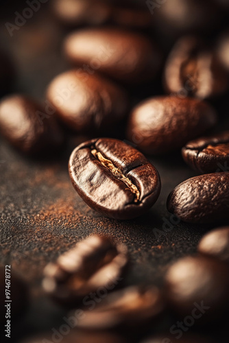 close-up of coffee beans, detailed texture, rich brown tones, focus on the surface details, high-quality photo