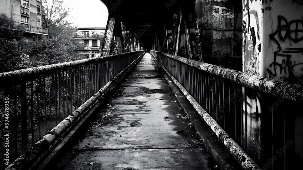 Obraz premium black-and-white image of an old overpass, with rusted railings and faded markings