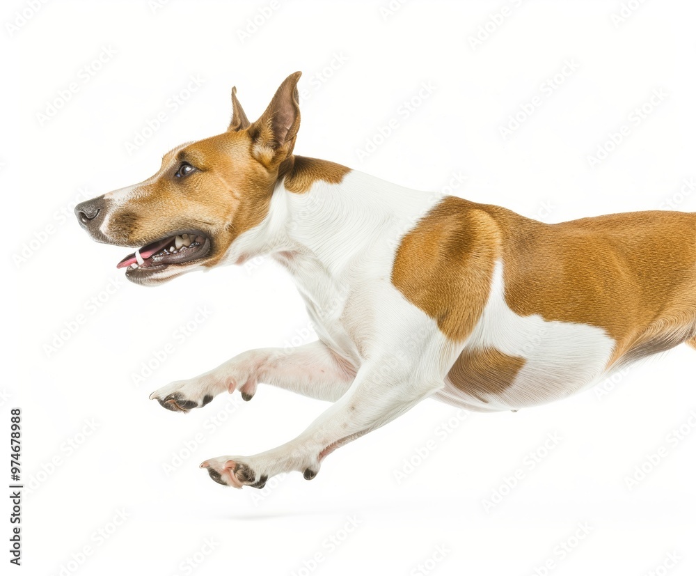 Bull Terrier Dog in Mid-Air Run, Playful Pet Action Generative AI