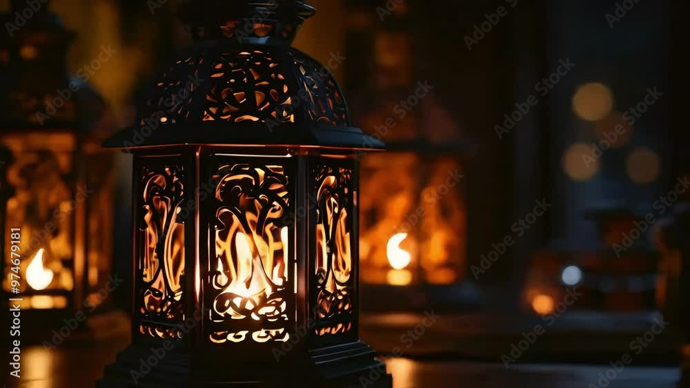 A decorative metal lantern with intricate patterns lit by a candle, casting warm glow. A decorative metal lantern with intricate patterns lit by a candle, casting warm glow.
