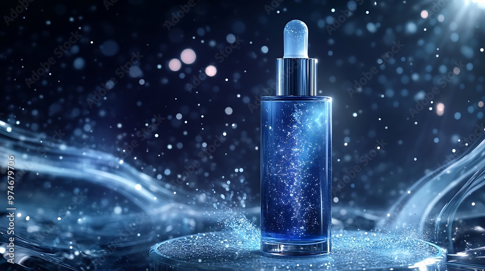 Illuminated Blue Hair Serum Bottle on Frosted Glass Stage with Swirling Sparkles - Luxury Beauty Concept Illuminated Blue Hair Serum Bottle on Frosted Glass Stage with Swirling Sparkles - Luxury Beauty Concept