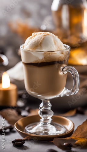 A warm cup of affogato, a scoop of vanilla ice cream melting into freshly brewed espresso, set in an elegant glass cup on a saucer, surrounded by coffee beans and autumn leaves, with a cozy candlelit  photo