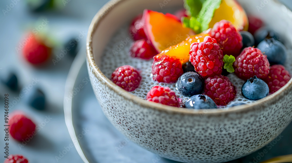bowl of chia seed pudding topped with fresh berries and a drizzle of honey bowl of chia seed pudding topped with fresh berries and a drizzle of honey