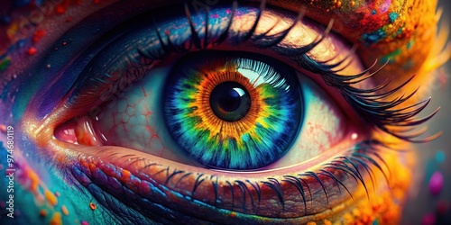 Close-up of a human eye with vibrant colors and intricate details, sight, vision, iris, pupil, focus, eyelashes, close-up