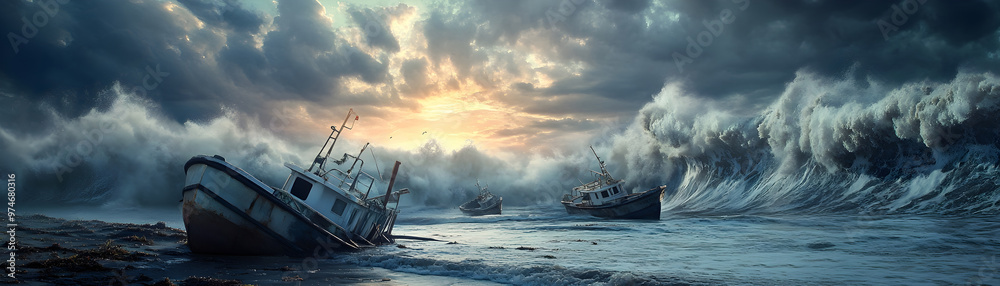 Obraz premium Abandoned Fishing Boats Battered by Towering Tsunami Waves in Turbulent Seascape