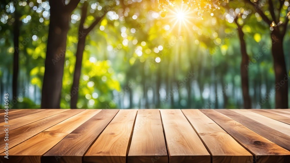 A sunlit forest scene with a wooden table in the foreground, inviting a sense of nature and tranquility. A sunlit forest scene with a wooden table in the foreground, inviting a sense of nature and tranquility.