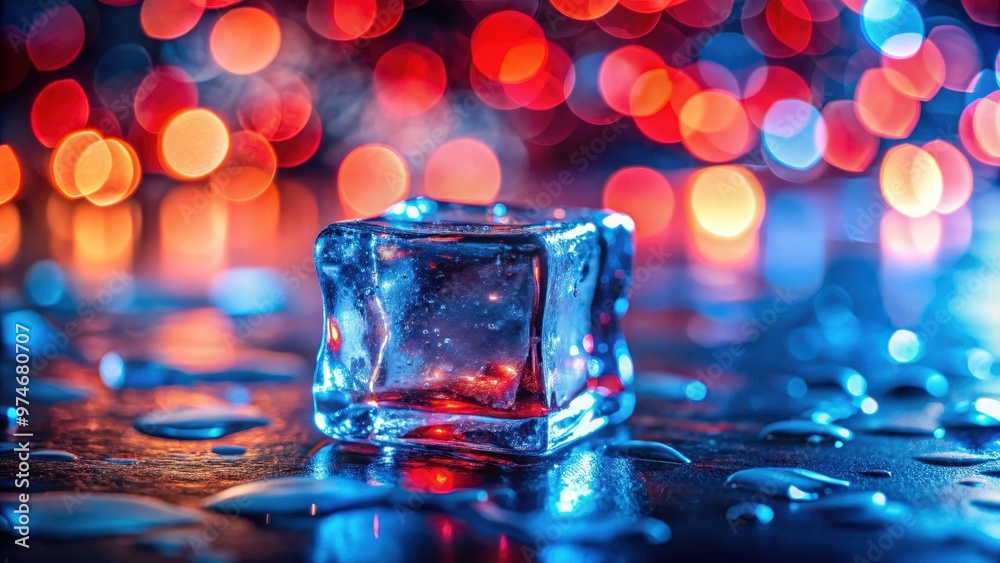 Ice cube background in winter colors of red and blue with bokeh lights, ice, cube, winter, red, blue, bokeh, lights, cold, frosty