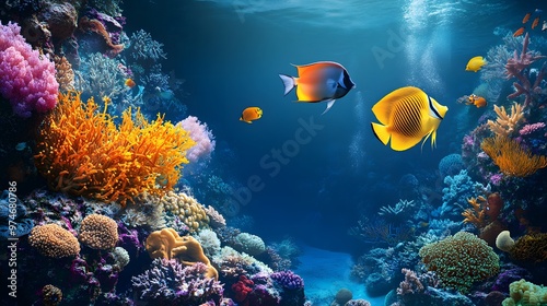 Beautiful, colorful coral reef fish swimming in the ocean, with vibrant colors and stunning corals on both sides of an aquarium tank