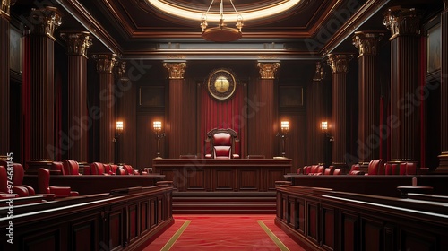 Elegant courtroom interior featuring polished wood, red upholstery, and decorative lighting, ideal for legal-themed projects.