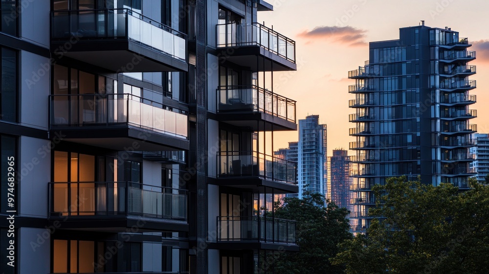 Obraz premium Modern apartment buildings at sunset, showcasing urban architecture and design.
