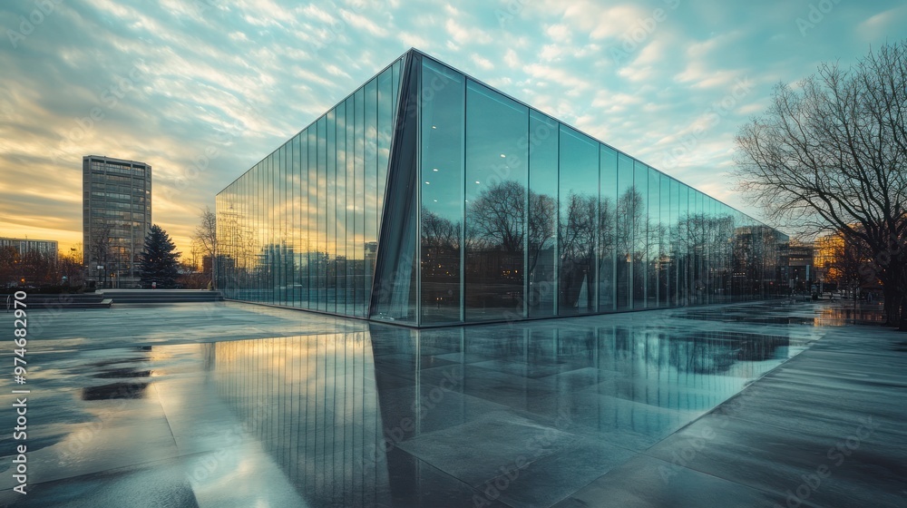 A modern glass building reflecting the sky and surroundings at sunset.