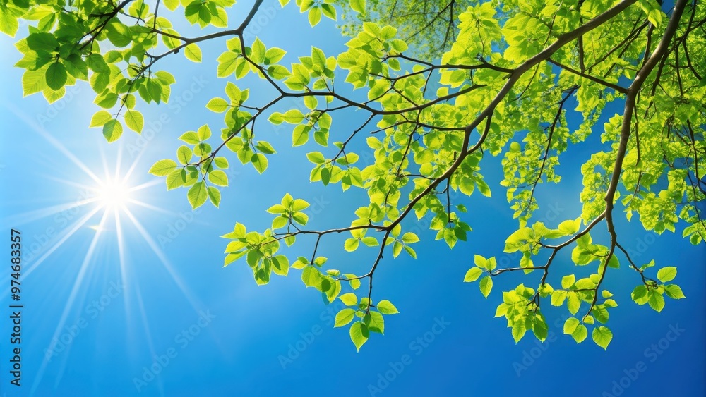 Tree branch with green leaves against clear blue sky on a sunny day, tree, branch, leaves, green, sky, blue, sunny Tree branch with green leaves against clear blue sky on a sunny day, tree, branch, leaves, green, sky, blue, sunny