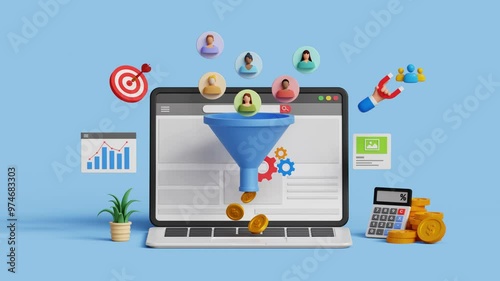 Lead generation concept. Financial analysis, business marketing strategies. Audience outreach and conversion. 3D laptop with lead generation icons. 4K 3D animation. Trim first 3 sec for loop