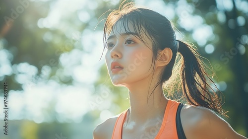 An exhausted and sweaty young Asian woman in sportswear is fighting the heat wave while running in a park on a sunny summer day summer activity heat stroke dehydrated : Generative AI photo