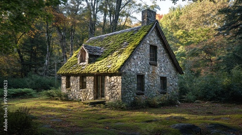 A quaint stone cottage covered in moss, surrounded by lush trees in a serene forest setting.