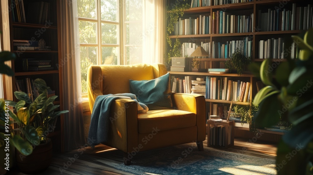 Cozy reading nook with a yellow armchair, bookshelves, and plants by a sunlit window.
