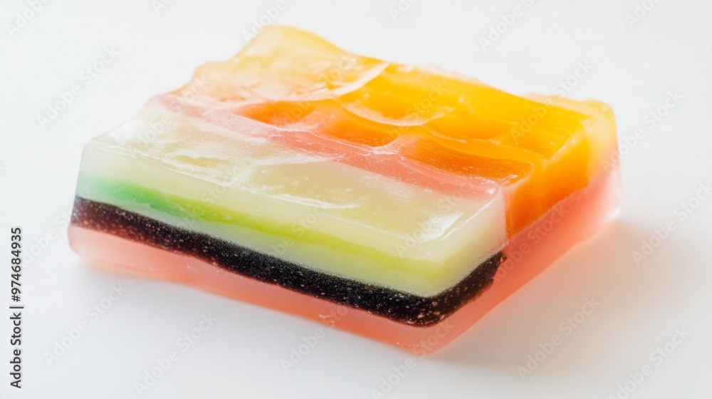 A high-resolution image of a traditional Thai dessert, such as khanom chan (layered coconut jelly), with its colorful layers clearly visible against a white backdrop. A high-resolution image of a traditional Thai dessert, such as khanom chan (layered coconut jelly), with its colorful layers clearly visible against a white backdrop.
