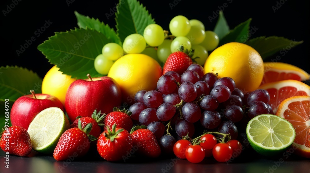 A Vibrant Still Life of Assorted Fruits Arranged in A Rich and Colorful Composition Against a Dark Background A Vibrant Still Life of Assorted Fruits Arranged in A Rich and Colorful Composition Against a Dark Background