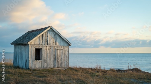 A rustic wooden shed by the serene shoreline under a soft blue sky at sunset.