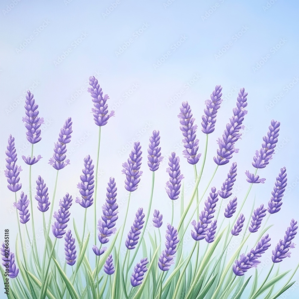 Naklejka premium A serene illustration of lavender flowers swaying gently in the breeze, perfect for calming nature-themed designs.