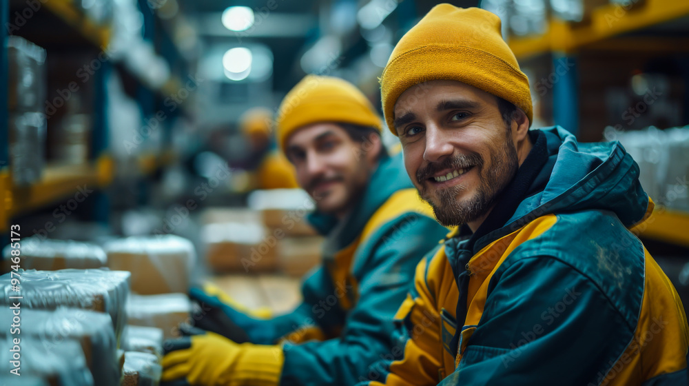 Smiling men in uniform work in a warehouse. Employees concept. Lifestyle. Smiling men in uniform work in a warehouse. Employees concept. Lifestyle.