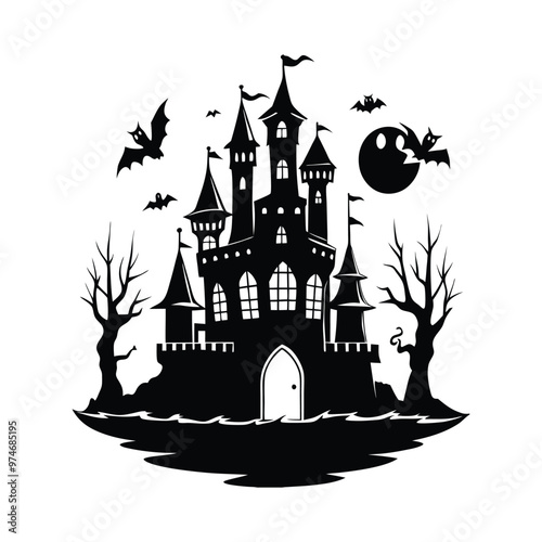 a black and white illustration of a halloween castle with bats flying around it, , dark castle background, shadowy castle background, bats flying away from castle, ultra detailed haunted house, spooky