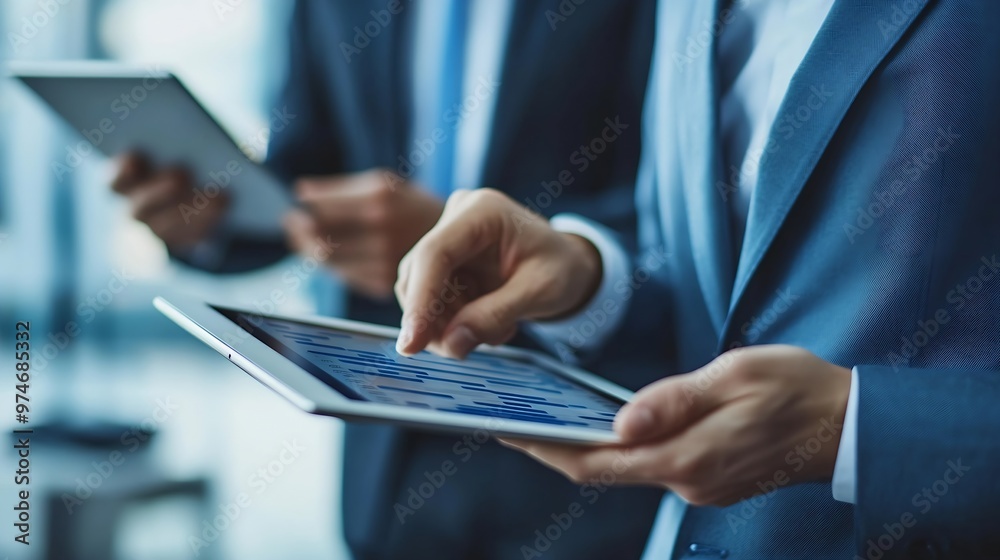 Colleagues discussing online project on tablet pc : Generative AI Colleagues discussing online project on tablet pc : Generative AI