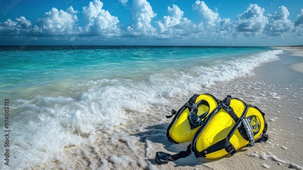 A yellow underwater scooter resting on a sandy beach with waves and clouds in the background.