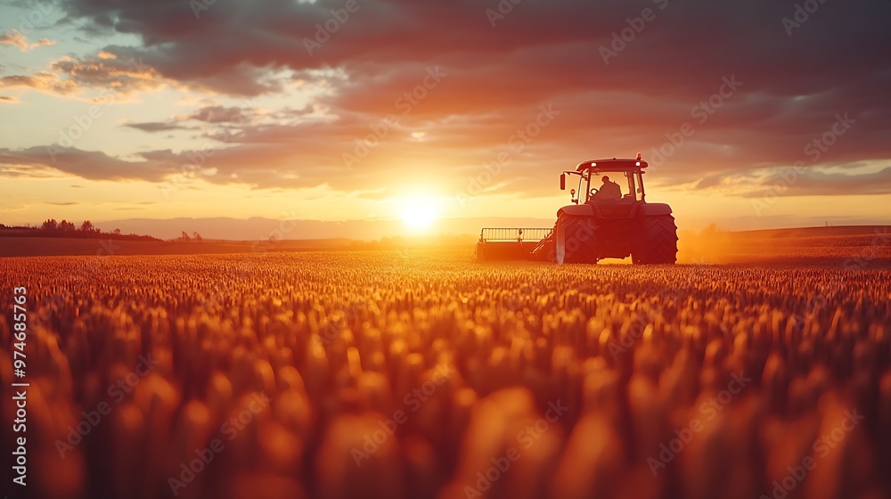 Farmer in tractor working on field at sunset : Generative AI Farmer in tractor working on field at sunset : Generative AI