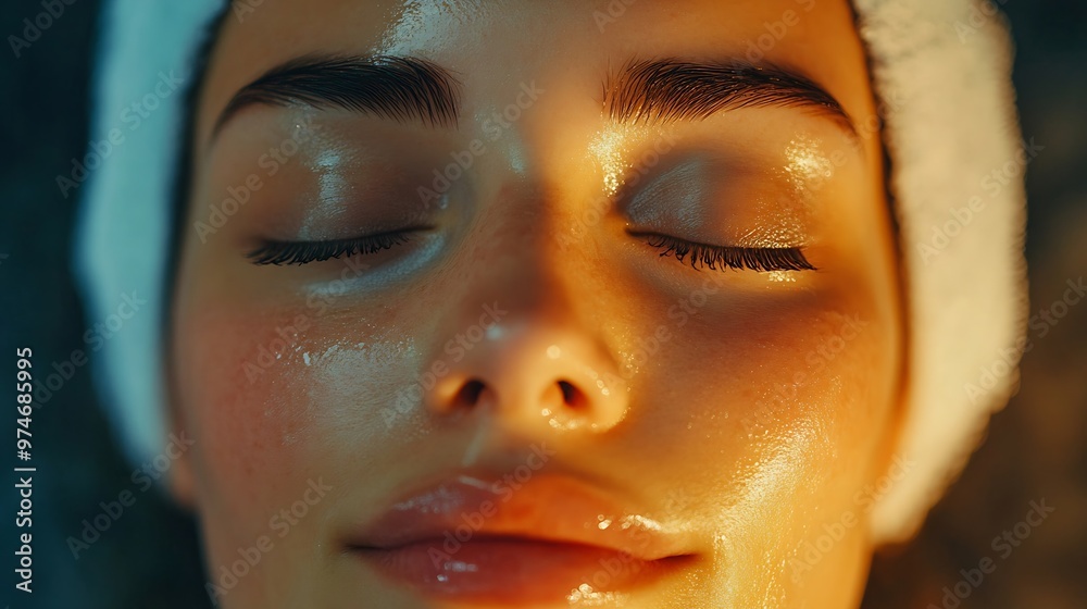 From above calm female closing eyes and enjoying face massage during session in spa salon : Generative AI From above calm female closing eyes and enjoying face massage during session in spa salon : Generative AI