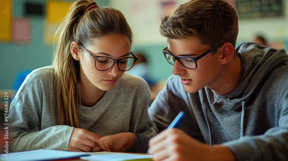 Two students studying together at a desk, focused on their work. Two students studying together at a desk, focused on their work.