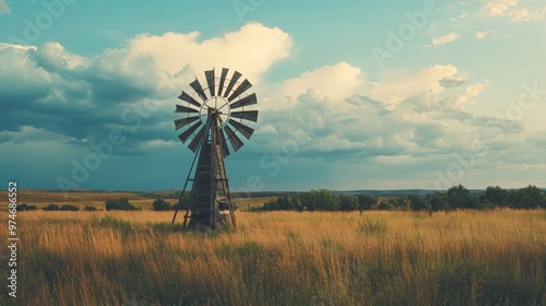 A rustic windmill stands amidst golden grass under a dramatic sky, symbolizing rural life.
