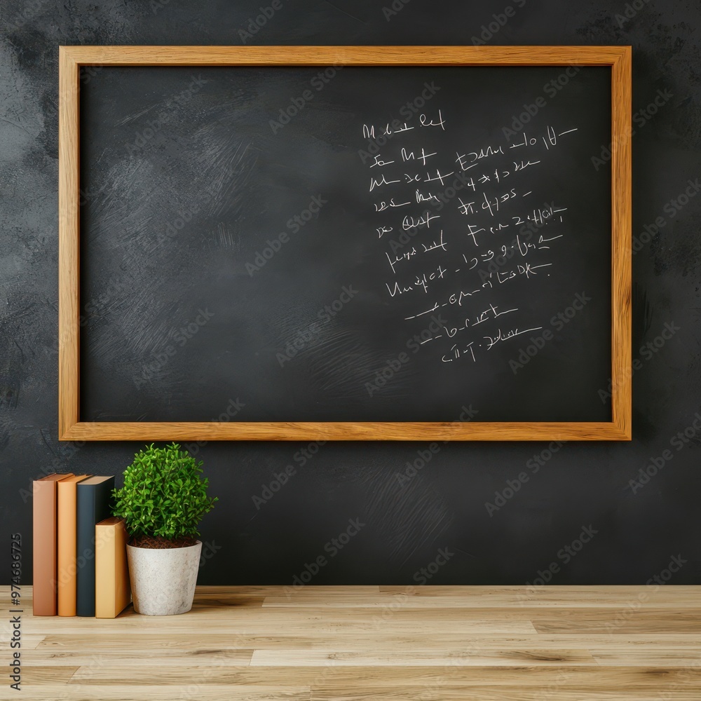 A minimalist classroom with a wooden chalkboard, handwritten notes, potted plant, and stacked books on a wooden floor. A minimalist classroom with a wooden chalkboard, handwritten notes, potted plant, and stacked books on a wooden floor.