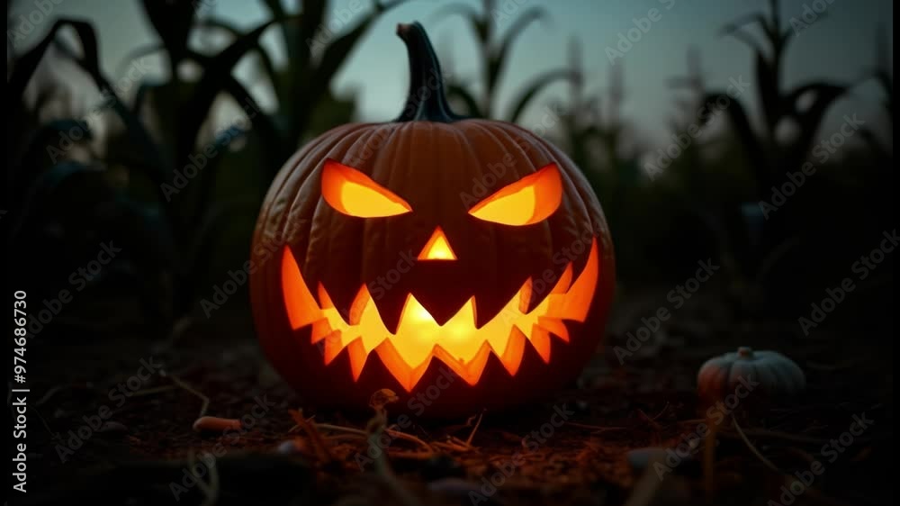 A glowing Jack-o'-lantern with a carved, menacing face, placed in an eerie cornfield setting