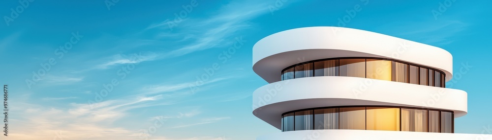 Fototapeta premium A modern architectural design featuring sleek curves and large windows under a clear blue sky.