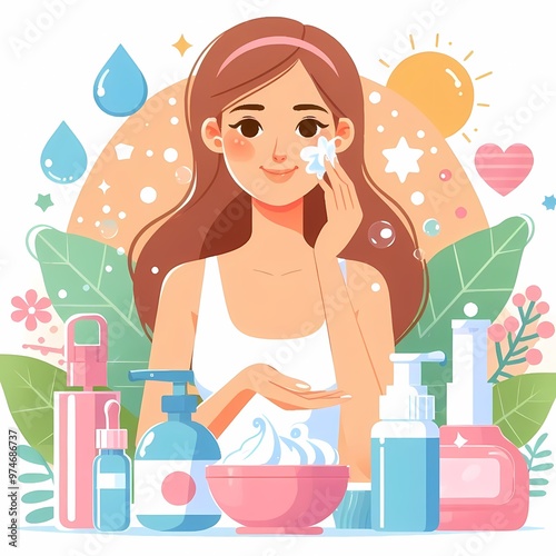 A young girl doin skin care mackup vector illustration isolated on a white background photo