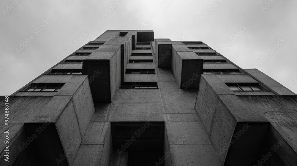 A low-angle view of a modern concrete building with angular features against a cloudy sky. A low-angle view of a modern concrete building with angular features against a cloudy sky.