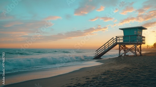 A serene beach scene featuring a lifeguard tower at sunset, with gentle waves and soft clouds.