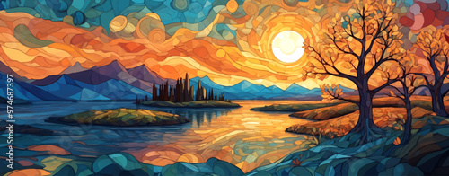 Set of wedding invitation with watercolor aquarelle landscape mountain background