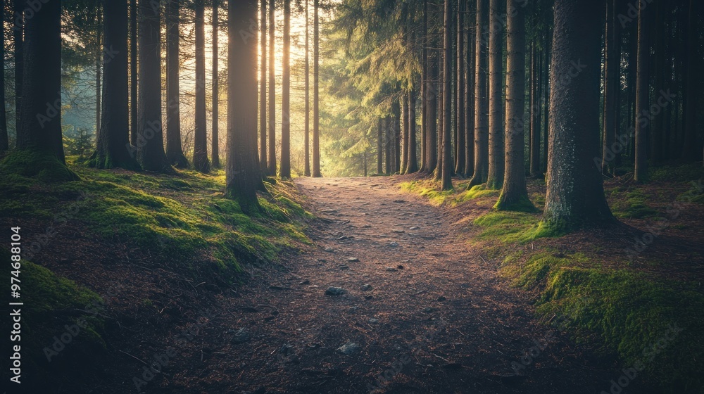 Fototapeta premium A serene forest path illuminated by soft sunlight, inviting exploration and tranquility.