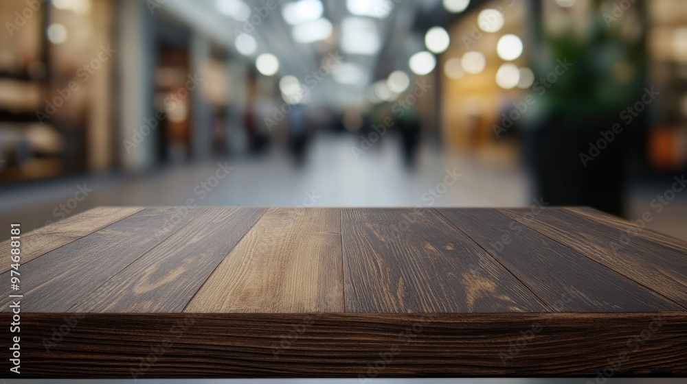 A wooden tabletop in focus, with a blurred shopping mall background. A wooden tabletop in focus, with a blurred shopping mall background.