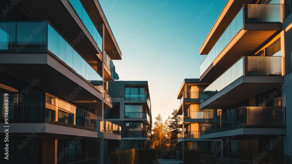 Modern apartment buildings framed by a clear sky at sunset. Modern apartment buildings framed by a clear sky at sunset.