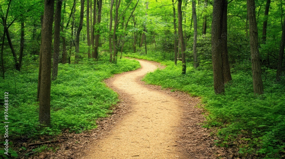 Fototapeta premium A winding path through a lush green forest, inviting exploration and tranquility.