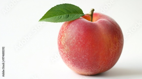 A fresh red apple with a green leaf on a plain background, showcasing its natural beauty.