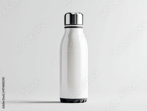 Sleek white stainless steel water bottle with a black lid on a plain background.