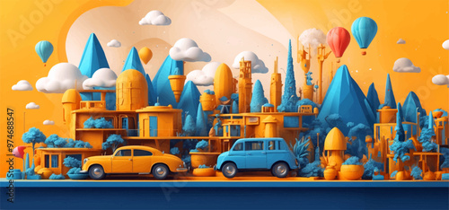 Vibrant Abstract Wave of Smart City in car with Multilayered Color Texture and Digital Elements - Global Technology and Social Network Concept for Web Banner Design