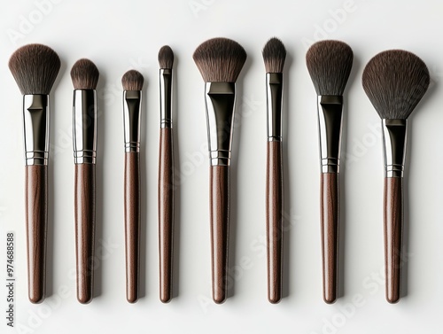 A set of professional makeup brushes on a clean, white background.